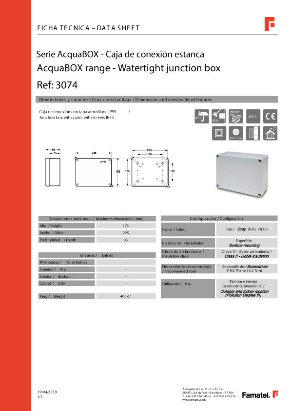 FICHA CAJA ESTANCA CIEGA 220X170 famatel (3074)